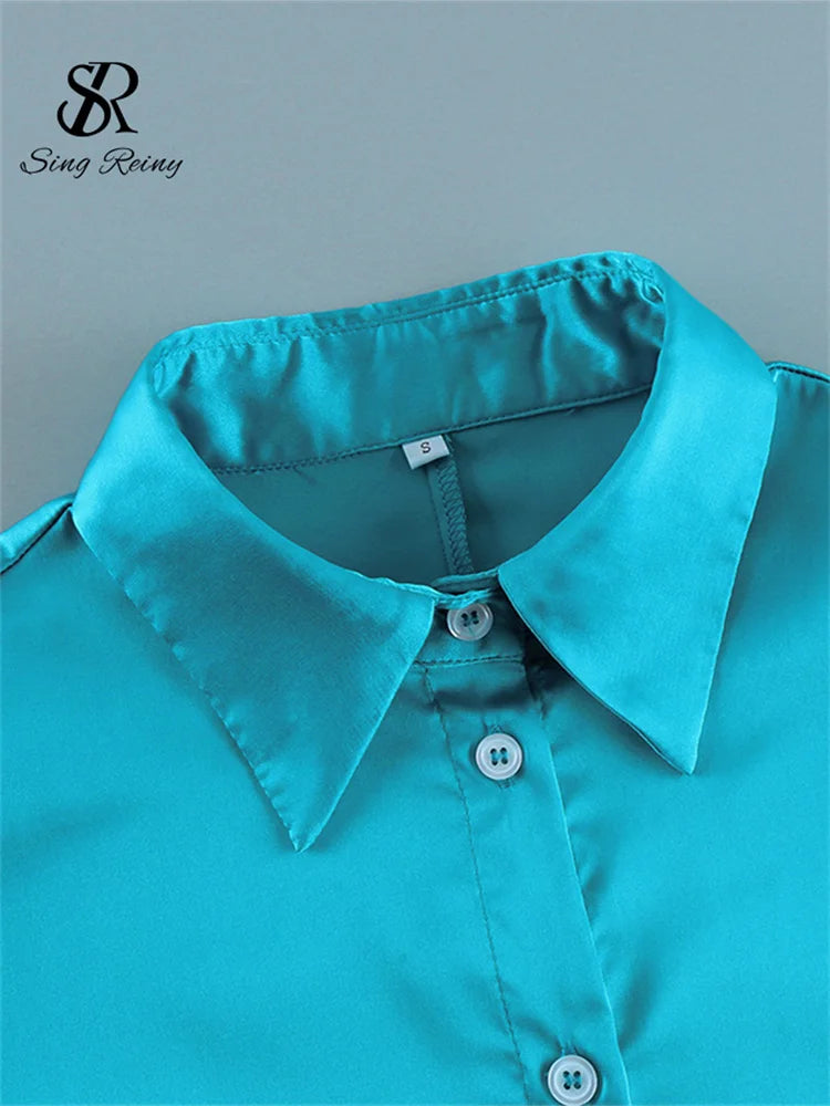 Slim Fit Satin Long Sleeve Button-Up Blouse for Women
