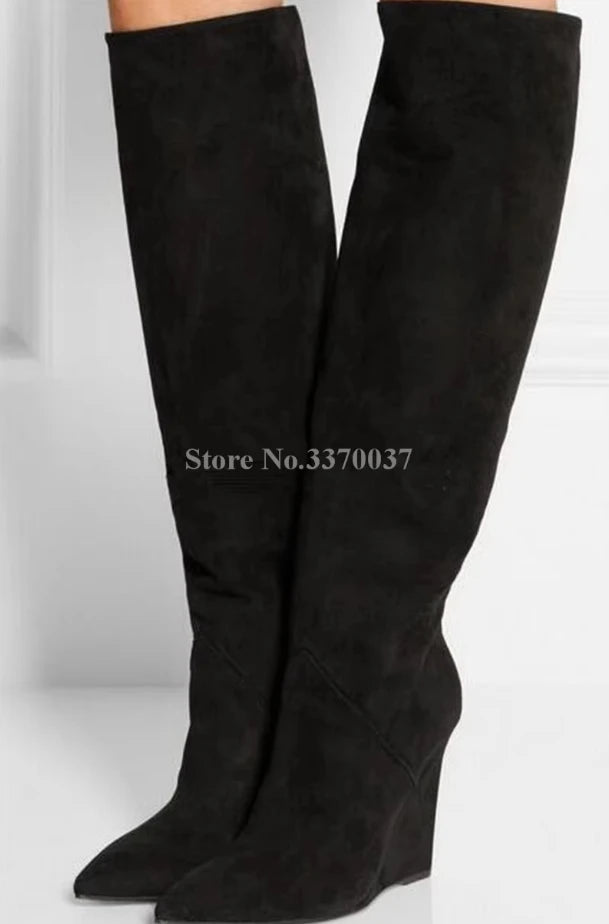 Pointed Toe Suede Winter Knee High Wedge Boots for Women