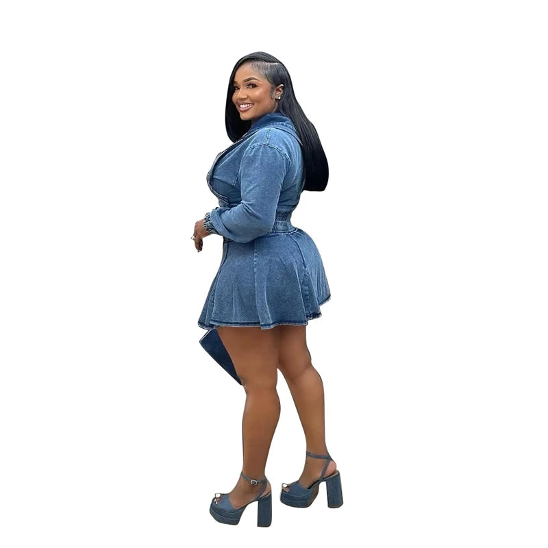 Hooded Denim Crop Top And Pleated Skirt Set for Women