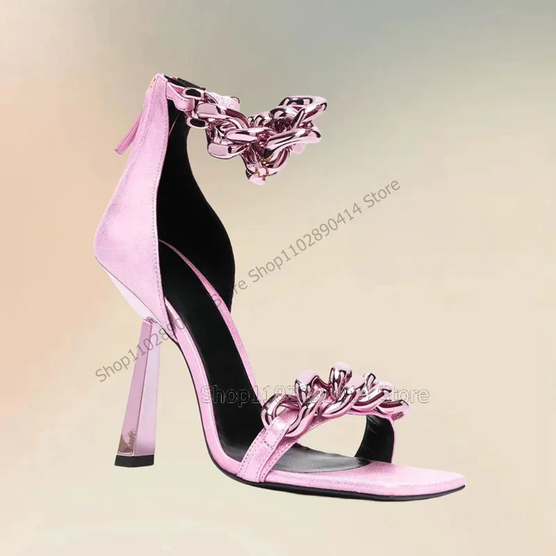 Snakeskin Print Gold Chain Decor Open Toe Sandals for Women