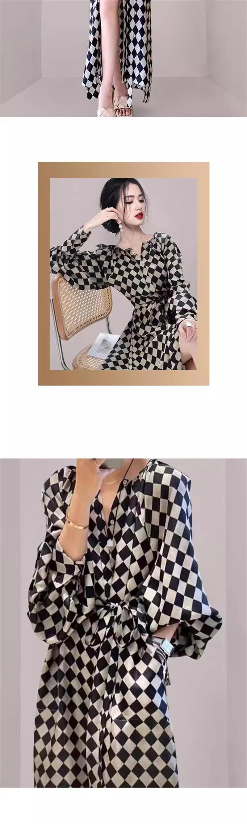Lace Up Lantern Sleeve Plaid Dress