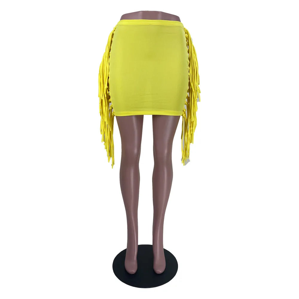 FAGADOER Sexy Tassel Bodycon Mini Skirts Party Club Outfits Women Fashion Chic Streetwear Short Birthday Holidays Skirt Solid