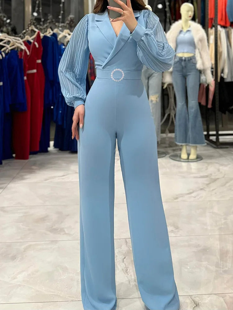 Long Sleeve V Neck Wide Leg Jumpsuit for Women