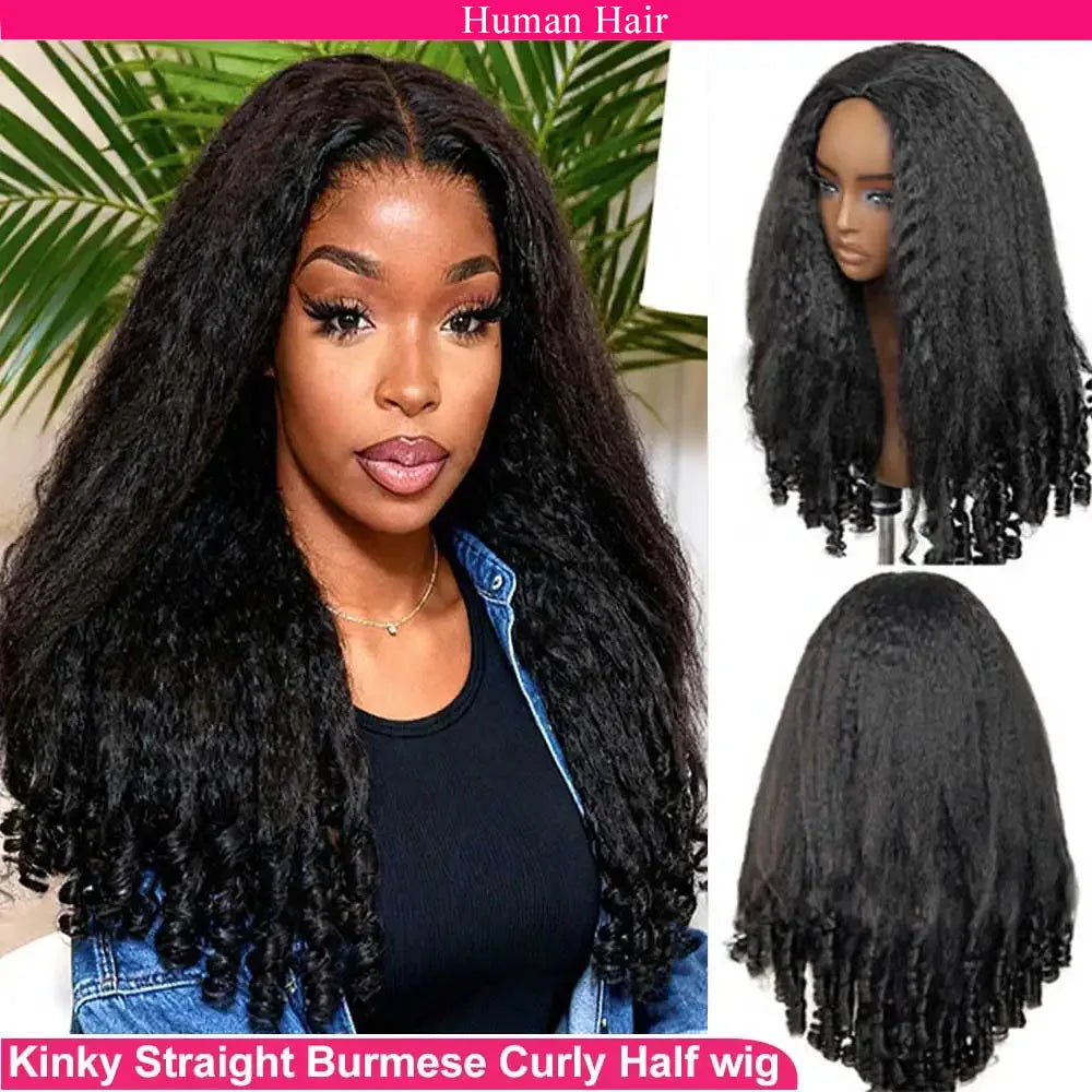 Glueless Human Hair Kinky Straight Half Wig for Women
