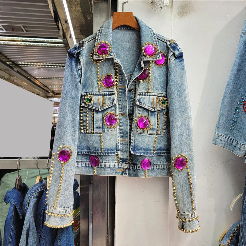 Elegant Rhinestone Beaded Lapel Denim Jacket for Women