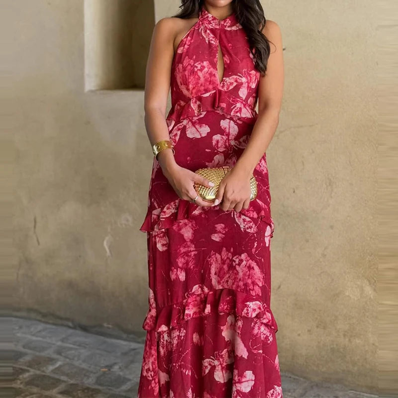 Bohemian Floral Print Sleeveless Ankle Length Dress for Women