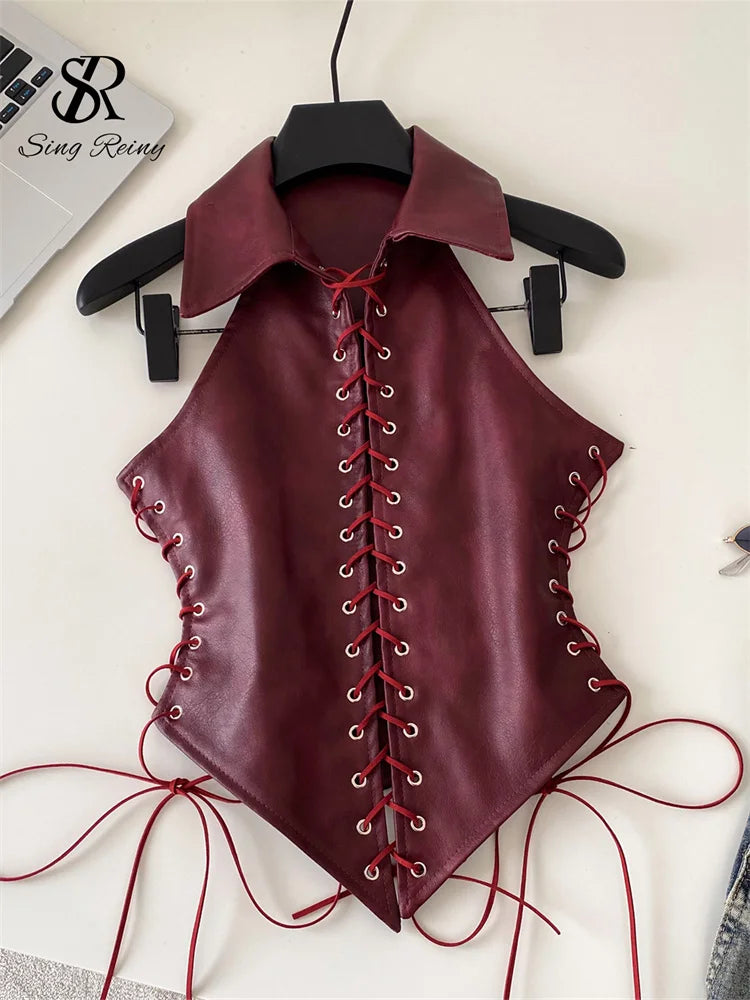 Retro Lace Up Faux Leather Sleeveless Bustier Top for Women