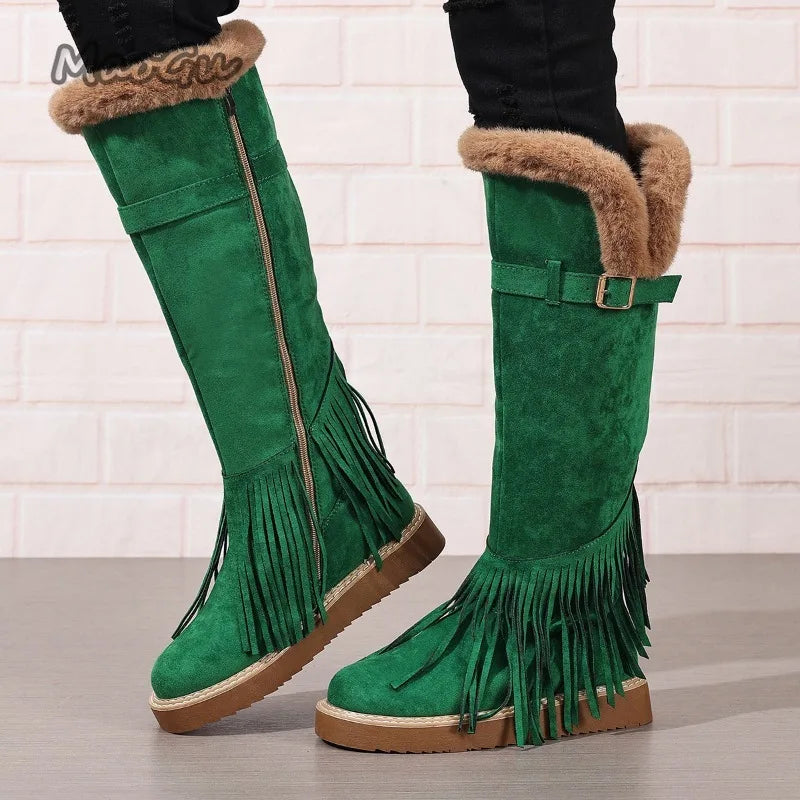 Faux Fur Lined Suede Knee High Fringe Boots for Women