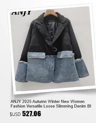 ANJY Autumn New Women Vintage Streetwear Ins Stylish Denim Patchwork Single Breasted Coat Casual Elegant Asymmetric Blazer A8421