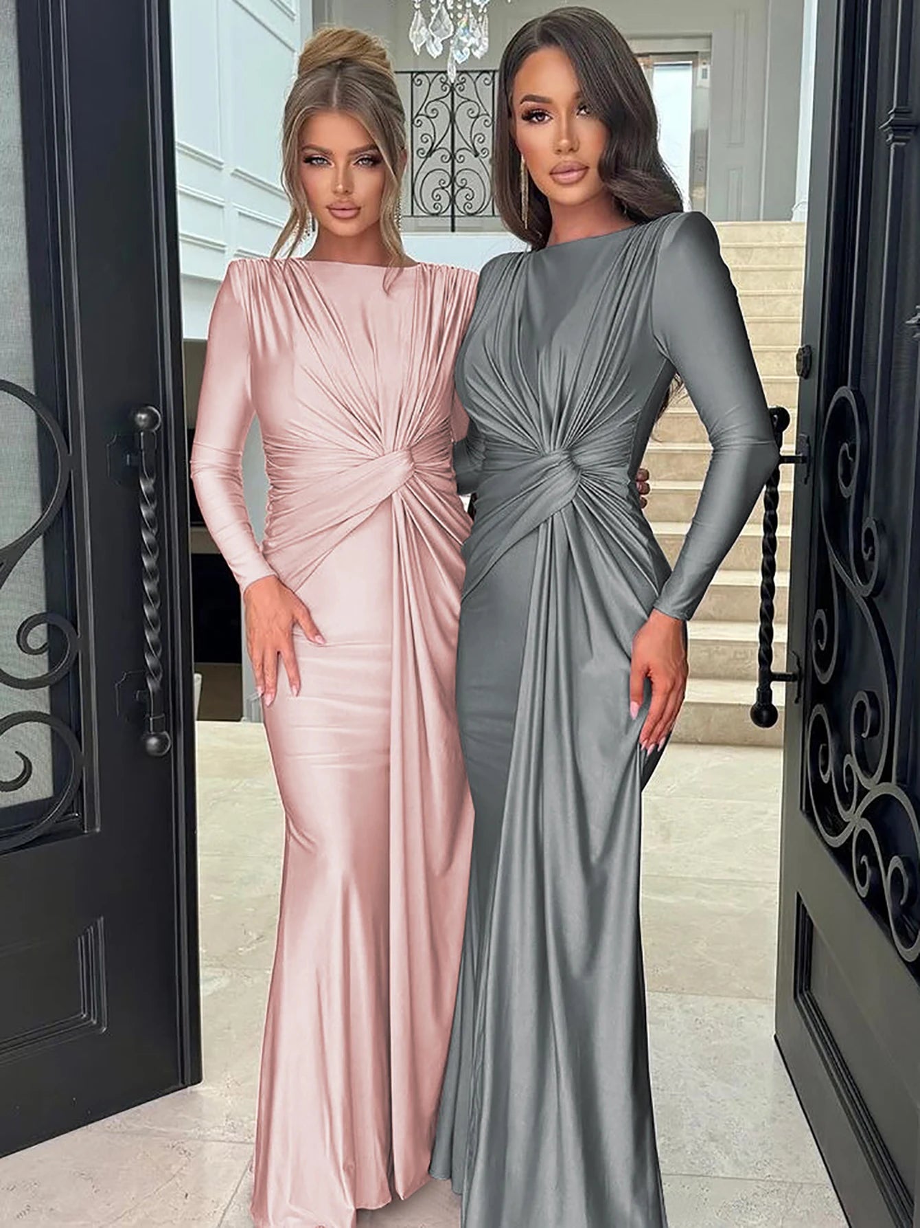 Elegant Ruched Long Sleeve Pleated Maxi Dress for Women