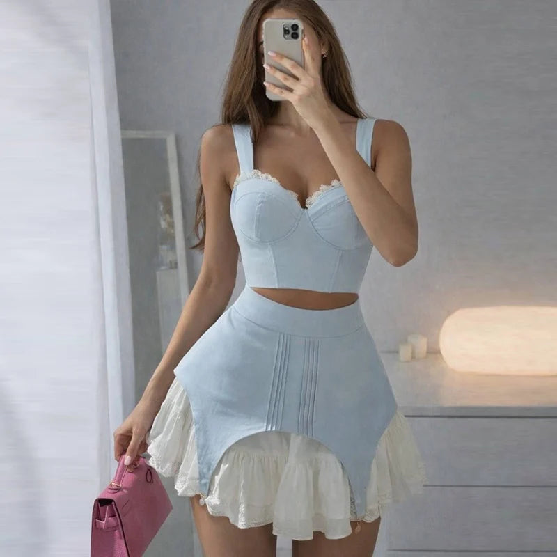 Patchwork Lace Sleeveless Mini Skirt And Camisole Set for Women