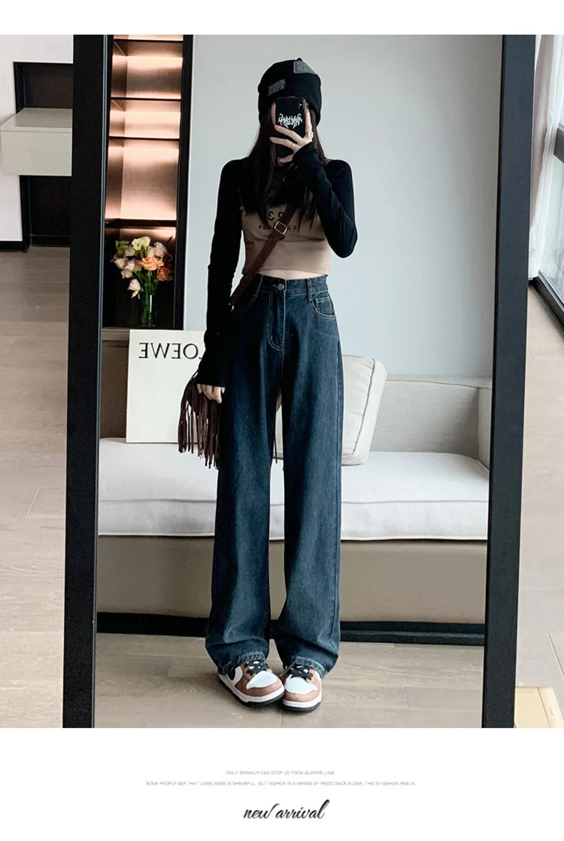 High Waist Casual Wide Leg Straight Jeans for Women