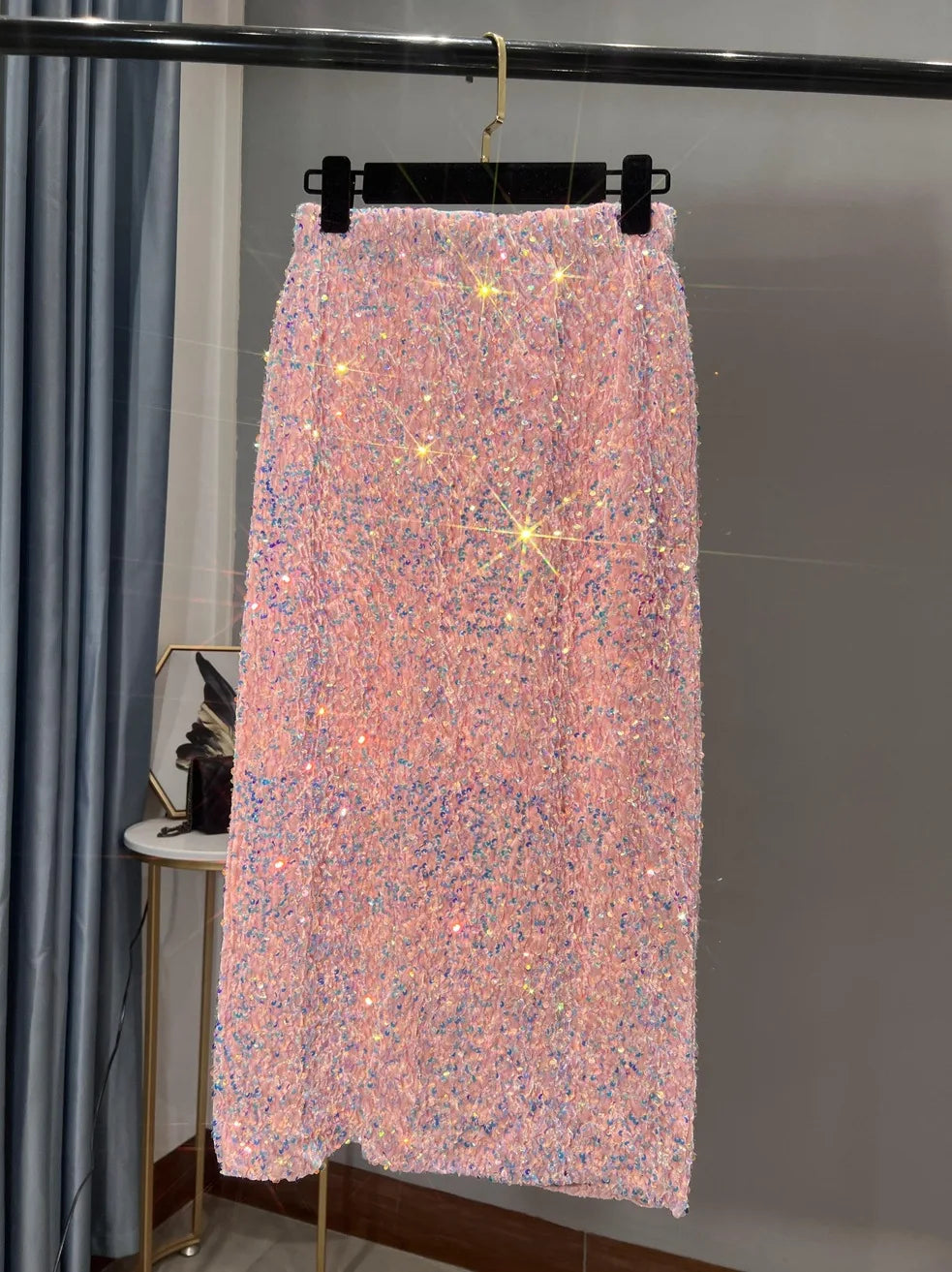 Blingbling New Autumn Winter All-match Mid-long Bodycon Skirt Colorful Sequins Elastic High Waist Slimming Lady Pencil Skirts