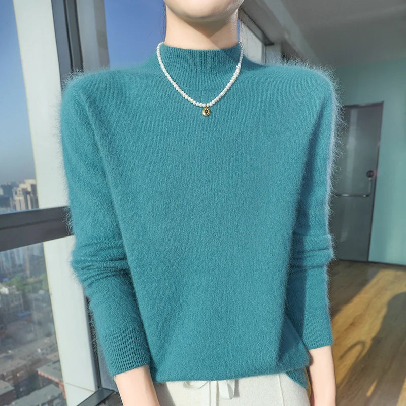 Loose Cashmere Knit Half High Neck Pullover Sweater for Women