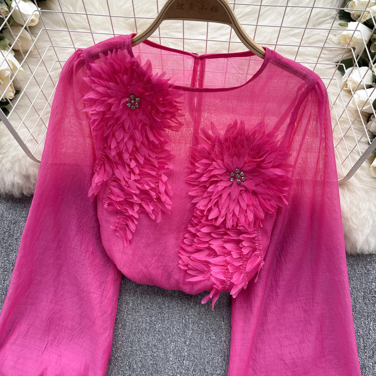 Sheer Floral Bohemian Long Sleeve Satin Blouse for Women