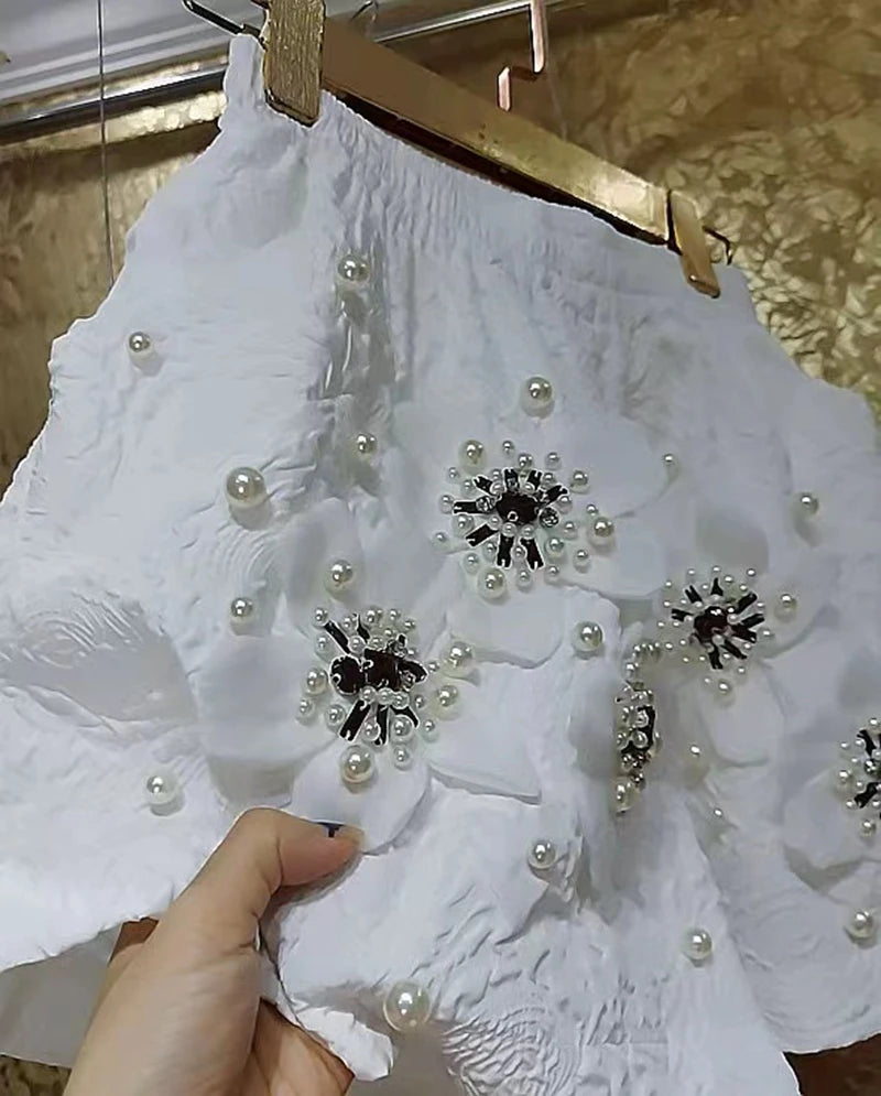 Pearl Beaded Three Dimensional Floral Embroidered Wide Leg Shorts for Women