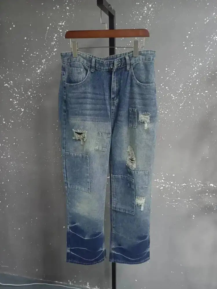 Washed Distressed Patchwork Loose Fit Jeans for Women