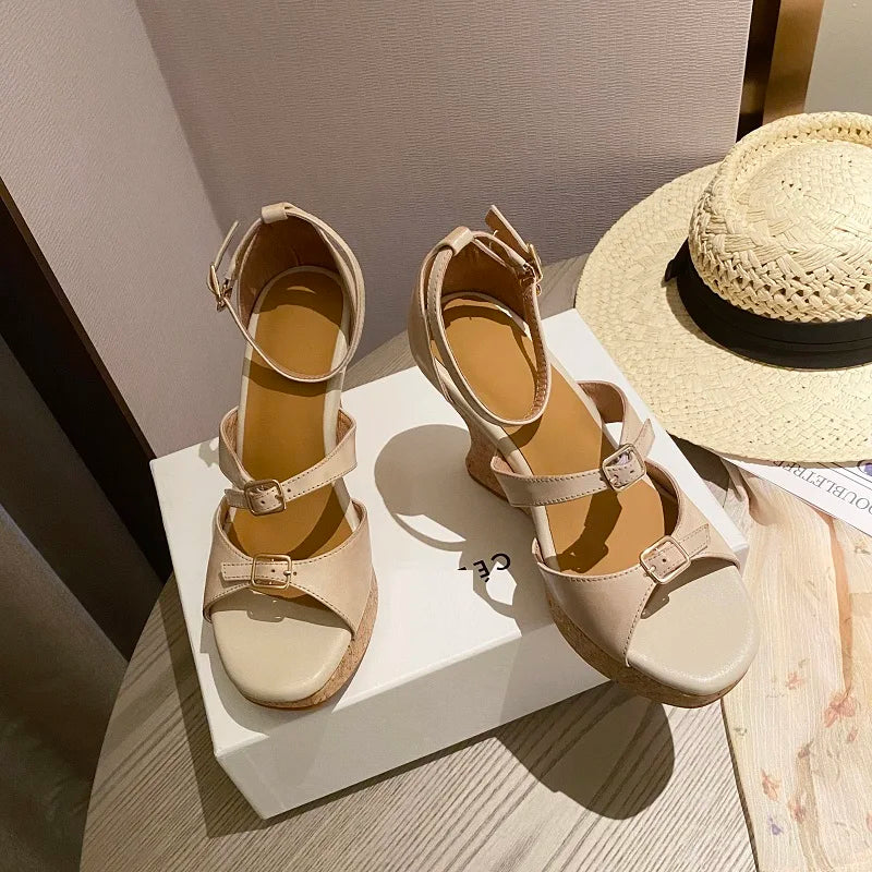 Elegant Apricot Buckle Platform Thick Heel Wedge Sandals for Women