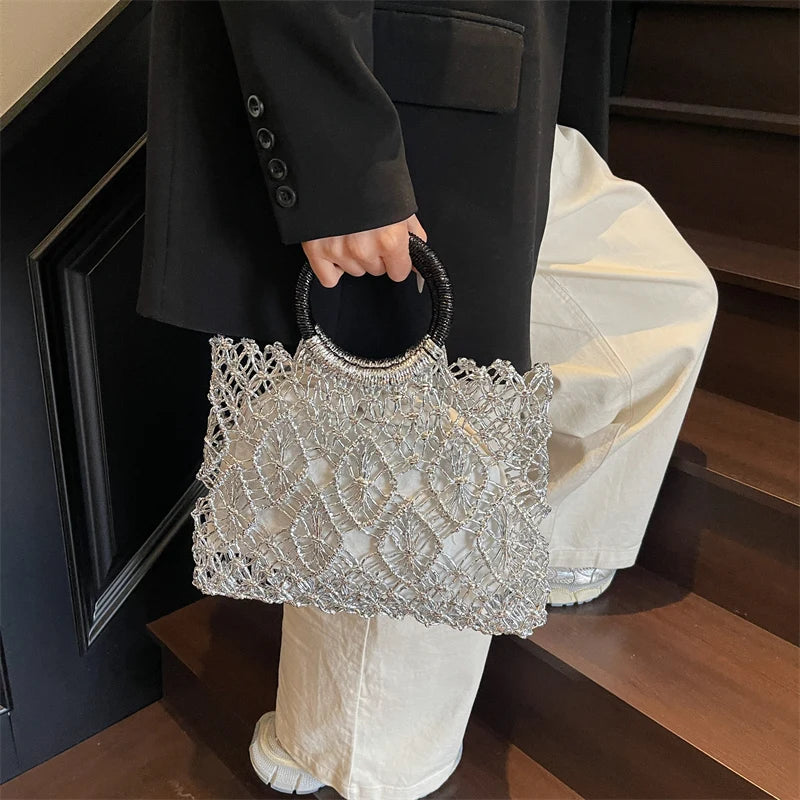 Eco Friendly Woven Round Handle Hollow Out Craft Paper Handbag for Women