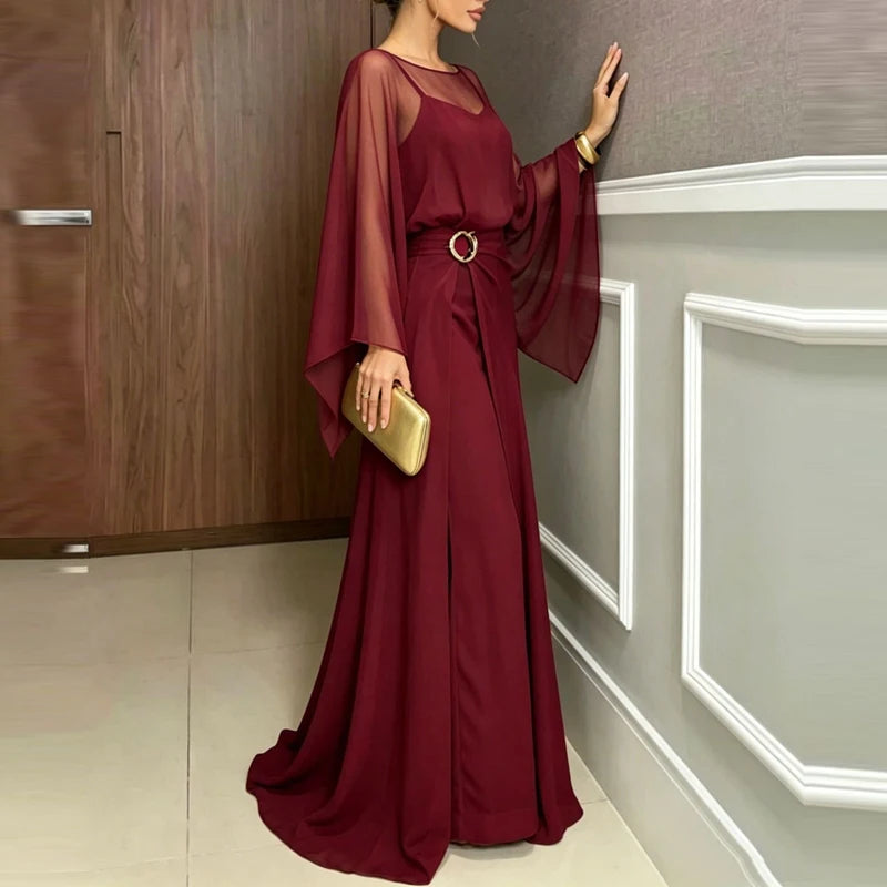 Elegant O-neck Cover Up Playsuit Match Off Shoulder Romper Women Fashion Chiffon Overalls Long Sleeve Solid Wide Legger Jumpsuit