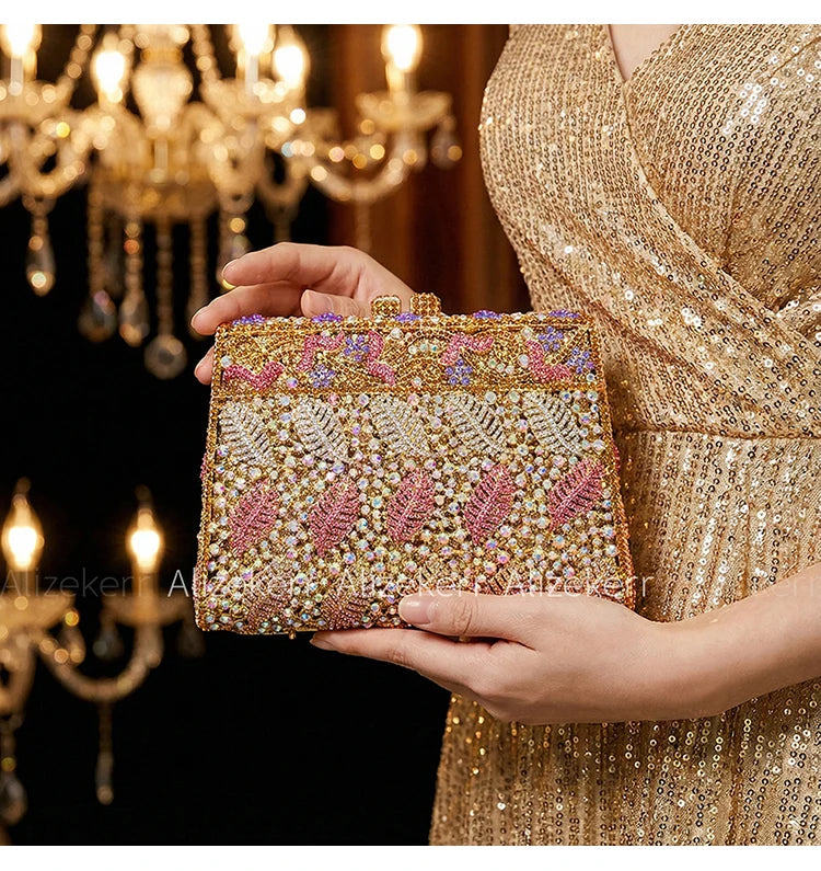 Metallic Leaf Diamond Evening Bag With Rhinestone Accents for Women