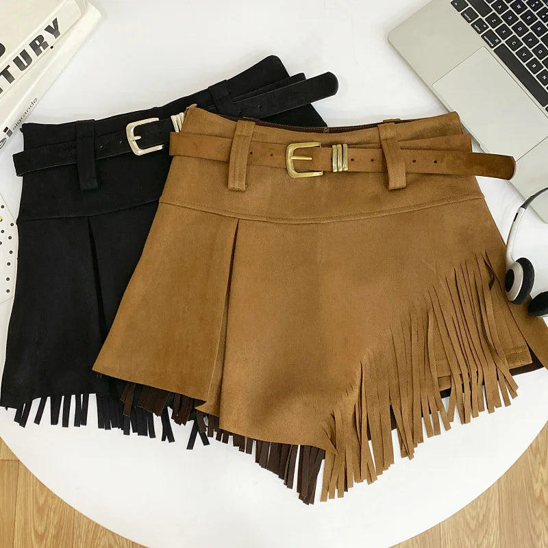 Tassel Detail Faux Suede Shorts