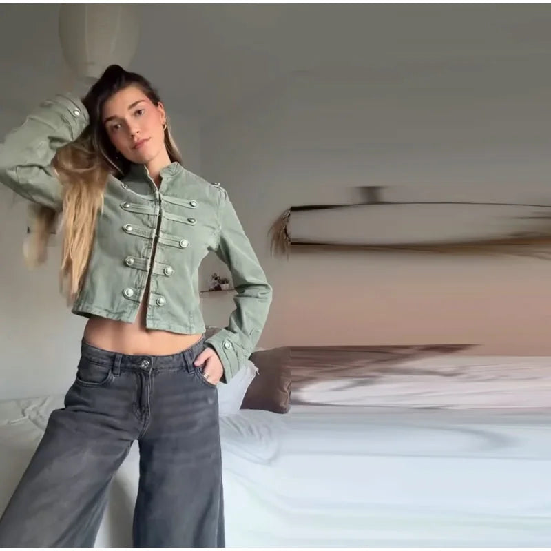 Elegant Slim Fit Stand Collar Denim Jacket Set for Women
