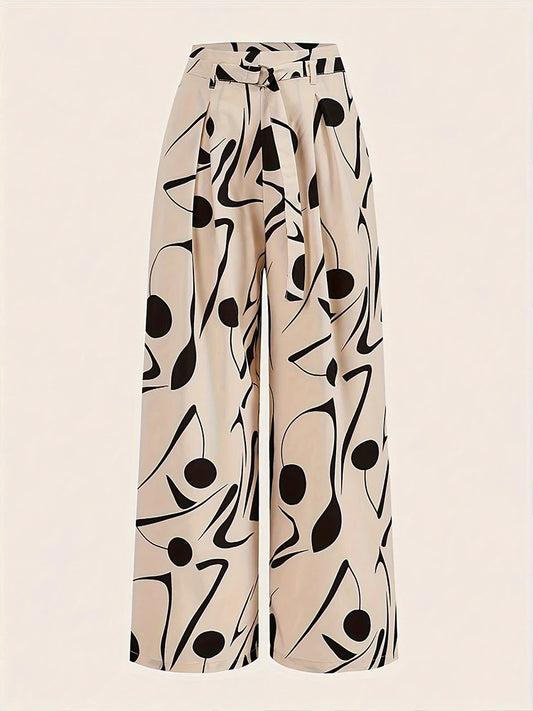 Ladies Abstract Print Belt Casual Wide Leg Pants Fashionable Loose Fit Trousers for Women