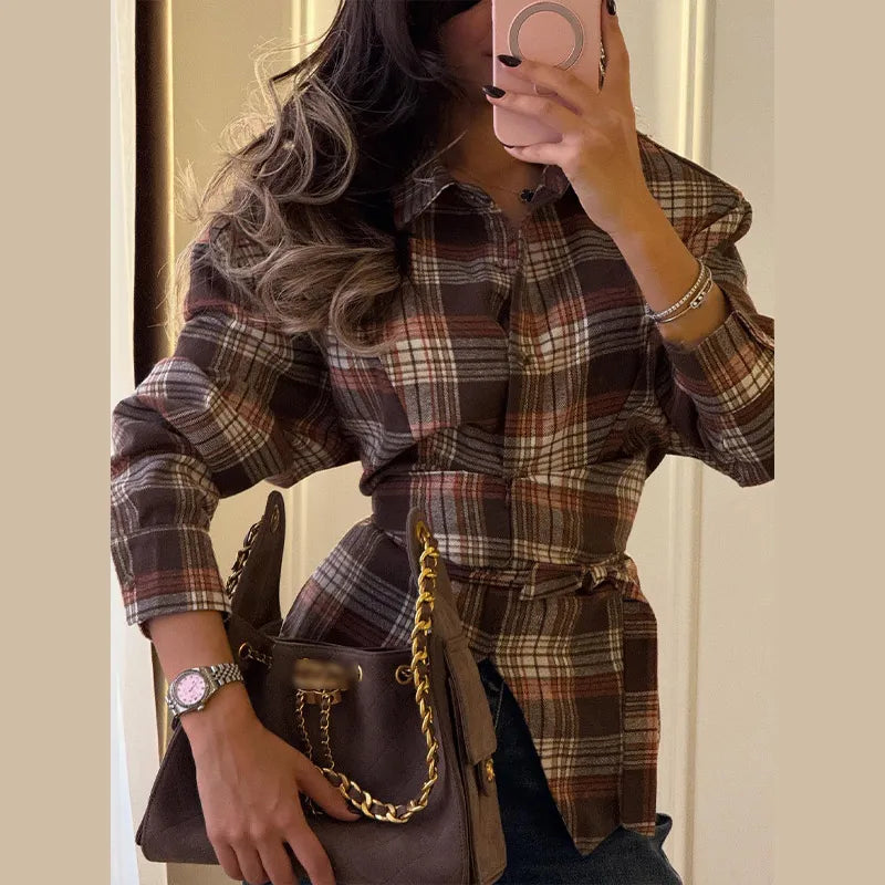 Long Sleeve Plaid Button-Up Shirt Jacket for Women