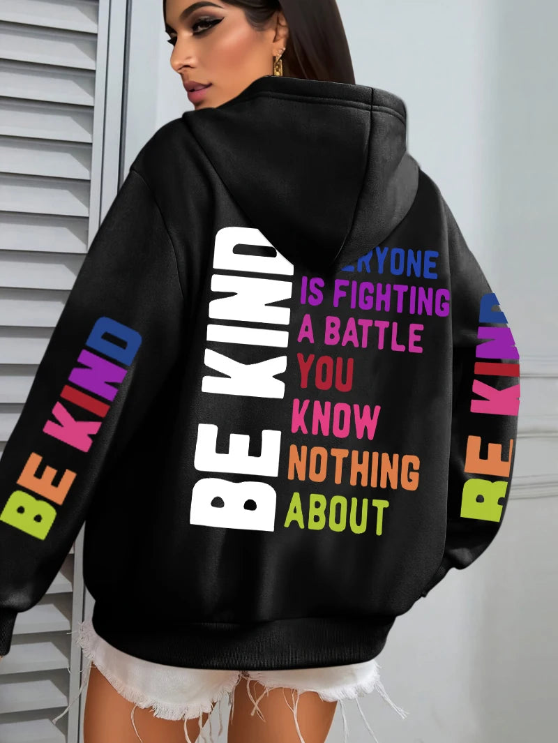 Be Kind Hoodies Women Letter Prints Winter Fleece Warm Hooded Street Pocket Loose Sweatshirts Casual All-match Woman Clothes