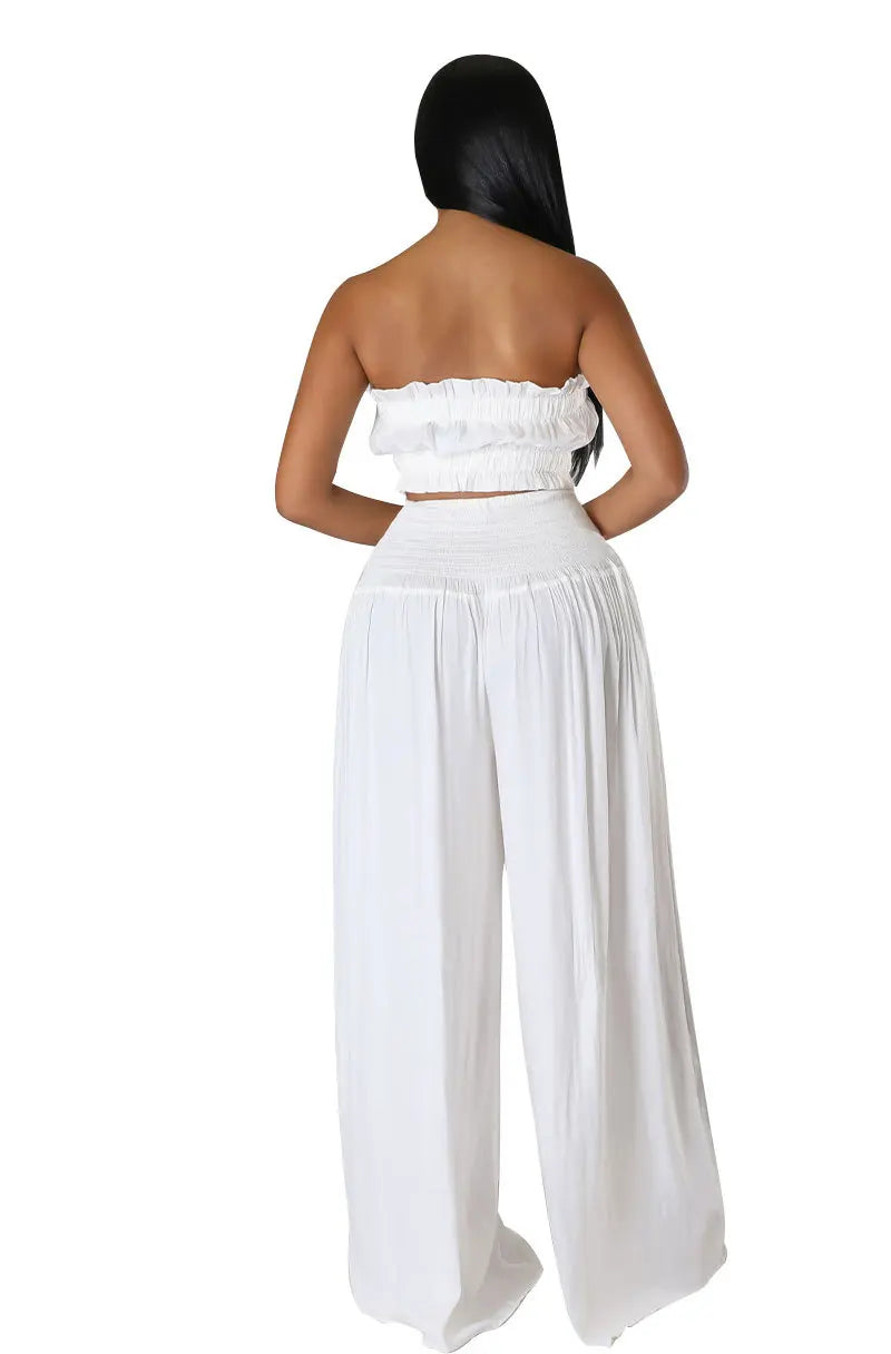 Lace Up Strapless Top Two Piece Pants Set for Women