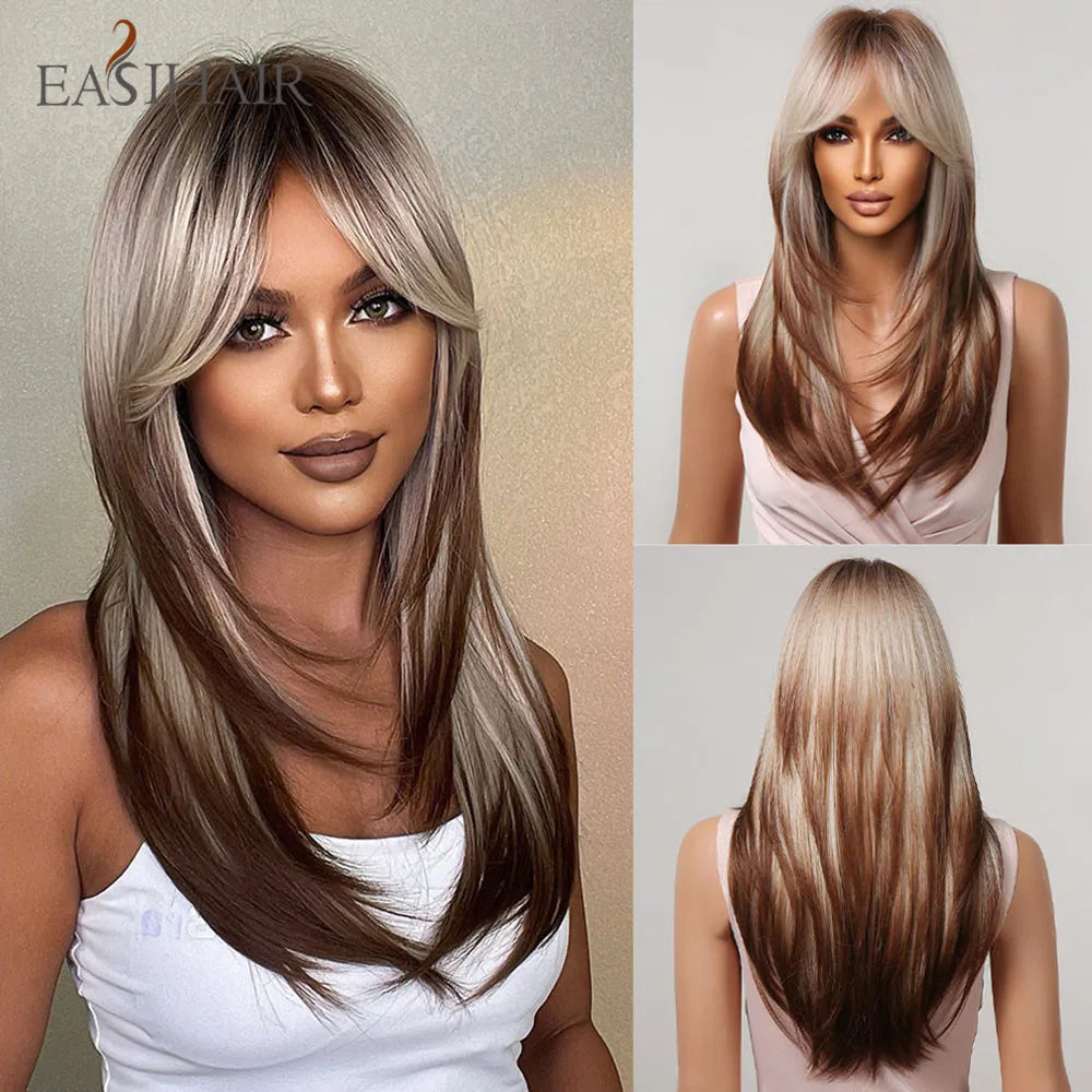 Dark Brown Synthetic Layered Wig With Bangs for Women