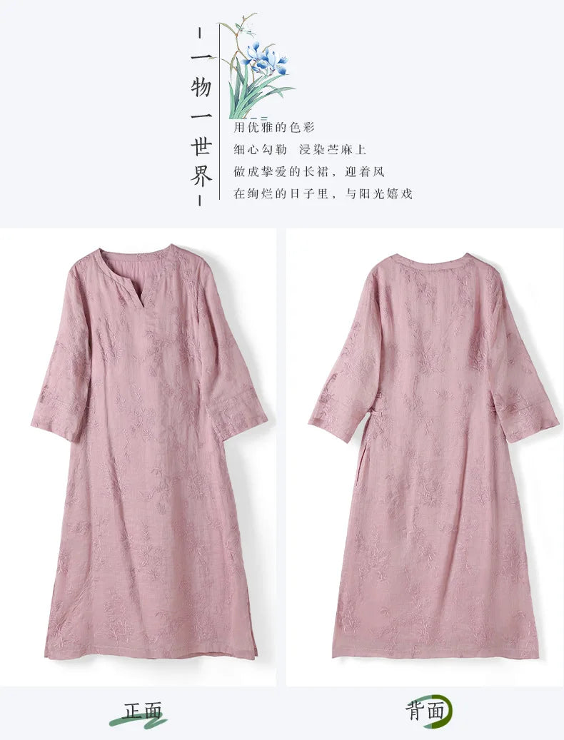 Elegant Embroidered Ramie Linen Knee Length Dress for Women