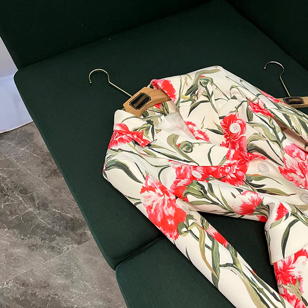 TWOTWINSTYLE Vintage Printing Two Piece Sets For Women Laple Long Sleeve Top High Waist Pants Elegant Set Female New KSE537136