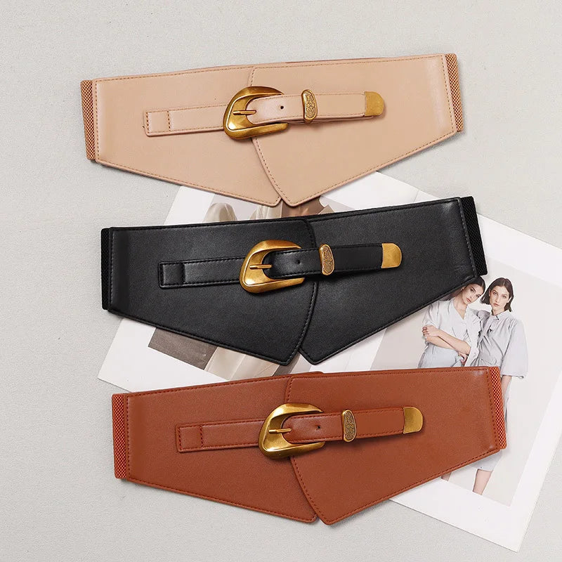 Vintage Black Faux Leather Wide Waist Belt for Women