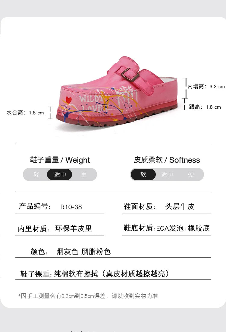Hand Drawn Leather Platform Slippers with Round Toe for Women