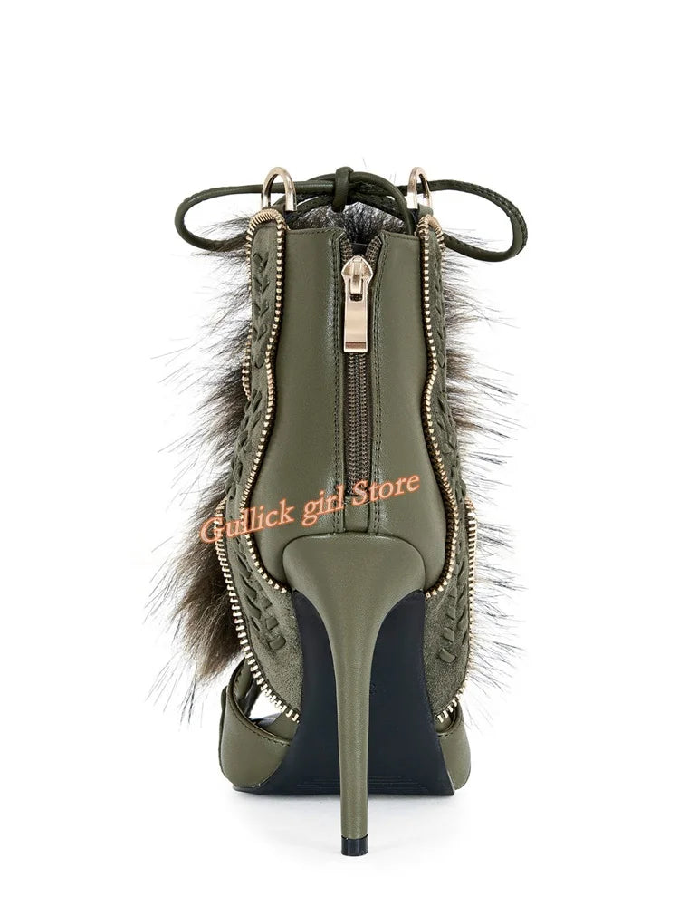 Faux Fur Open Toe Knee High Sandal Boots for Women