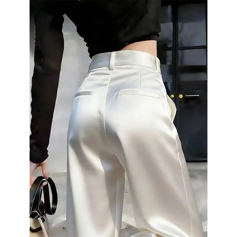 High Waist Solid Color Satin Wide Leg Trousers For Women