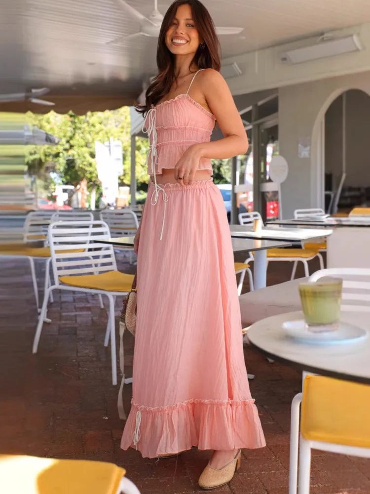 Pleated Bow Suspender Top and Skirt Two Piece Set for Women