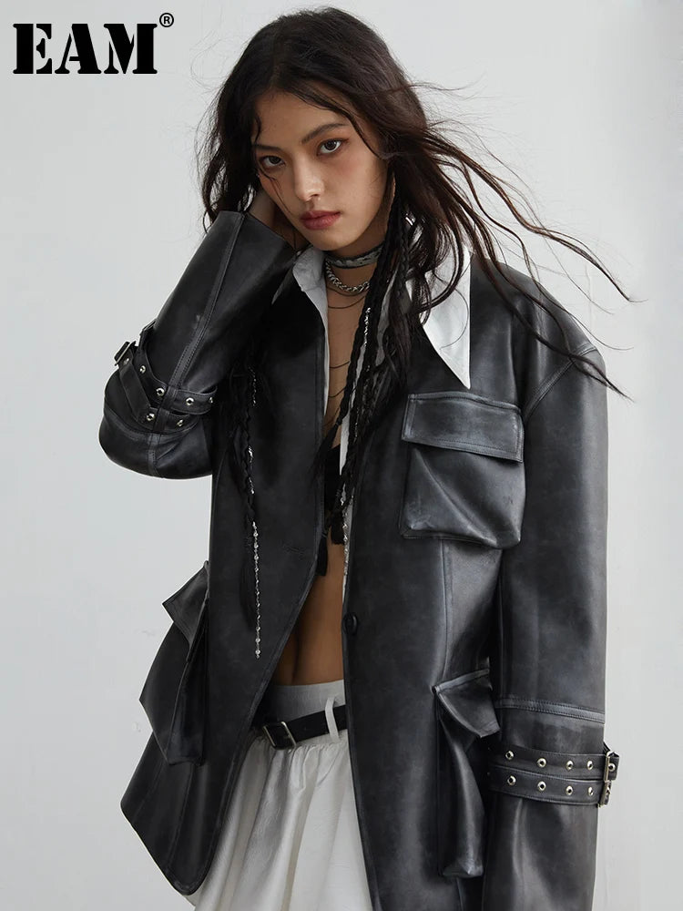 Loose Fit Black Faux Leather Jacket With Pockets for Women