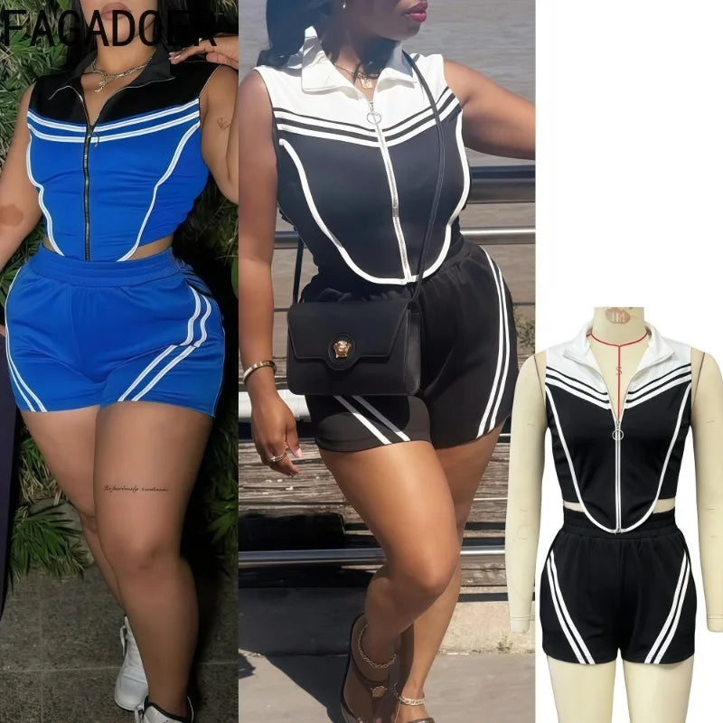 FAGADOER Casual Stripe Patchwork 2 Pieces Set for Woman Sleeveless Zipper Top and Pockets Shorts Outfits Female Sportywear New