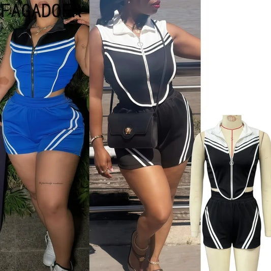 FAGADOER Casual Stripe Patchwork 2 Pieces Set for Woman Sleeveless Zipper Top and Pockets Shorts Outfits Female Sportywear New