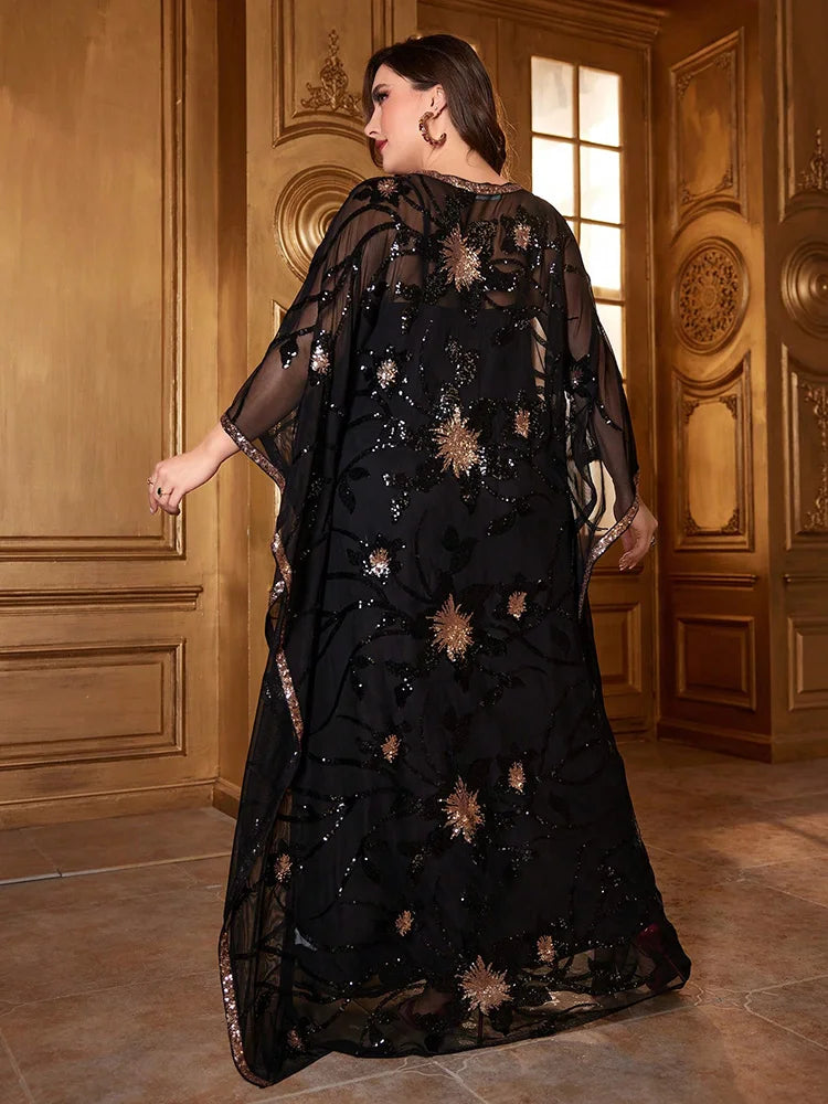 TOLEEN 2024 New Luxury Elegant Arabian Party Evening Long Dresses Women Plus Size Sequined Flower Pattern Batwing Sleeve Dress