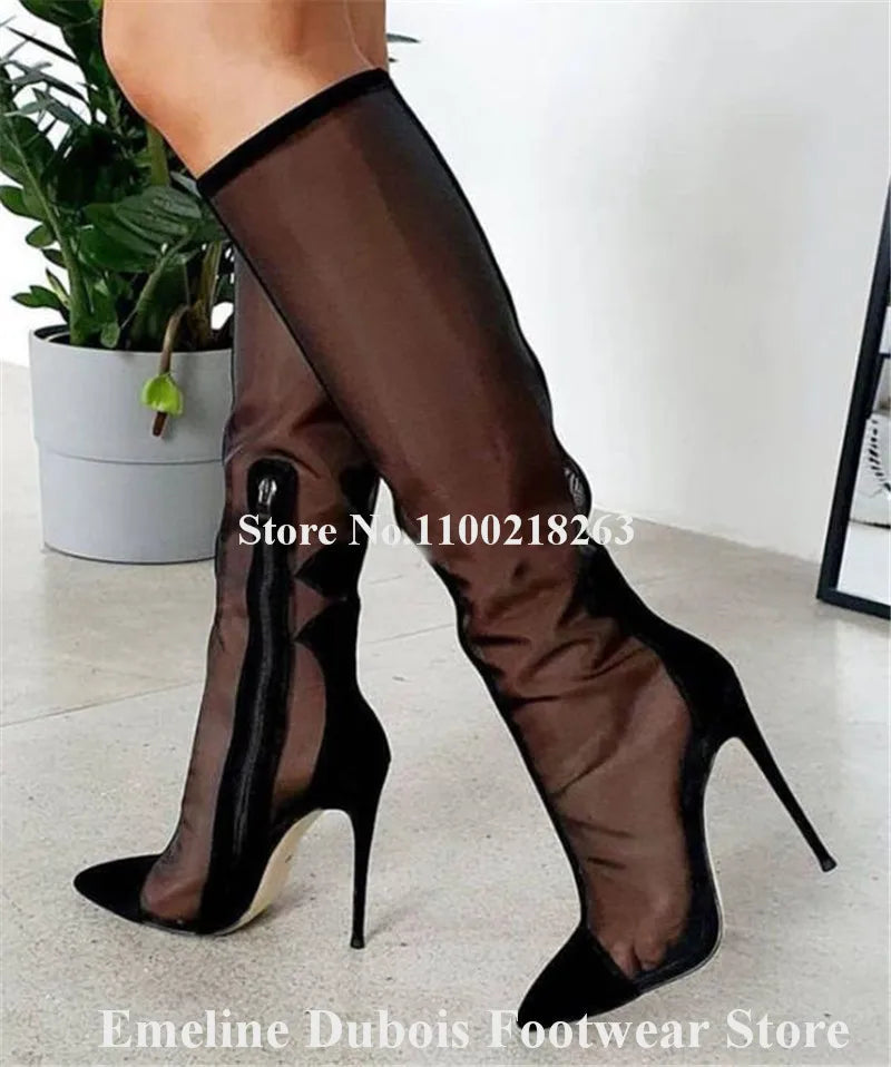 Black Mesh Patchwork Knee High Stiletto Boots for Women