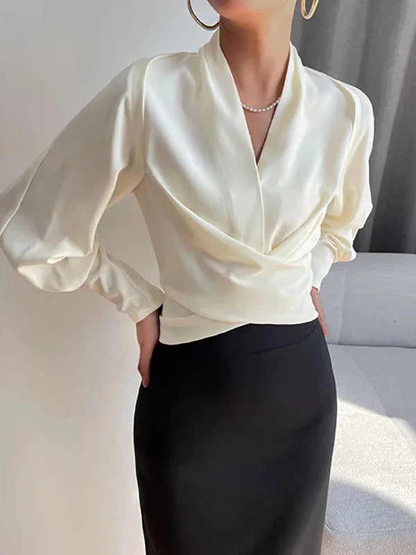 Women's Long Sleeves Solid Color Zipper V-neck Blouses Tops Urban Fashion Pleated Casual Office T-shirts