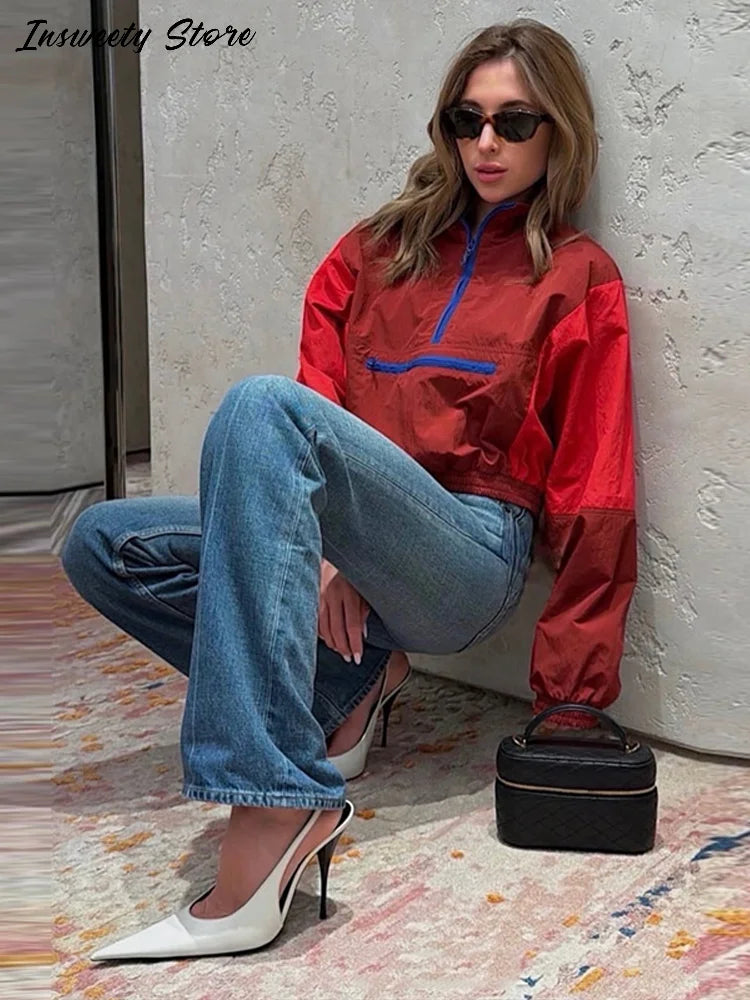 Contrast Half-Zip Stand Collar Short Jacket for Women