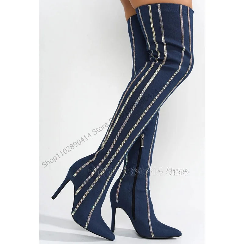 Crystal Striped Pointed Toe Side Zipper Boots for Women