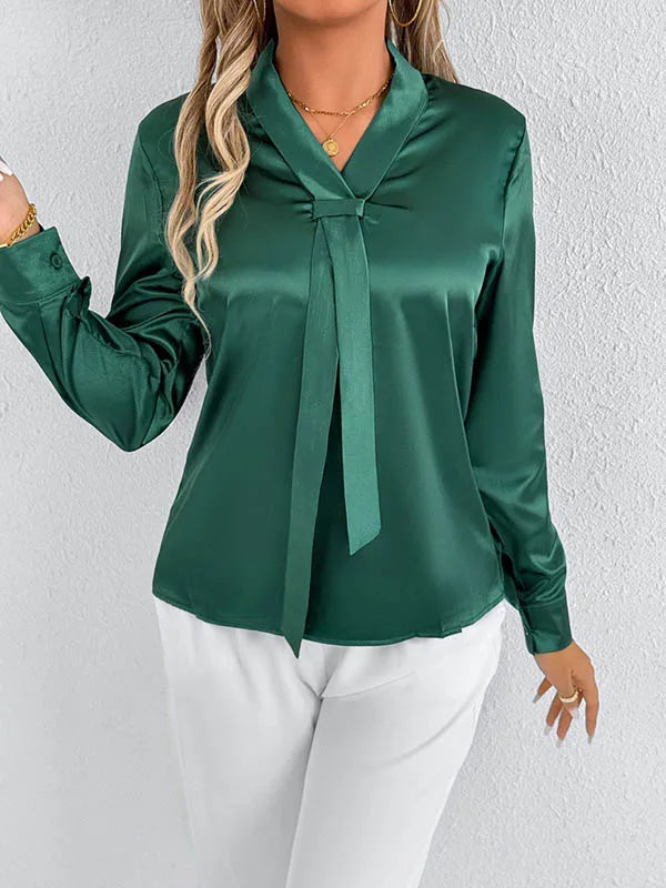 Bonboho 2026 New Women's Solid Color Silky Shirt V-neck Long Sleeves Elegant Blouse for Female Elegant Pullover Work Shirts