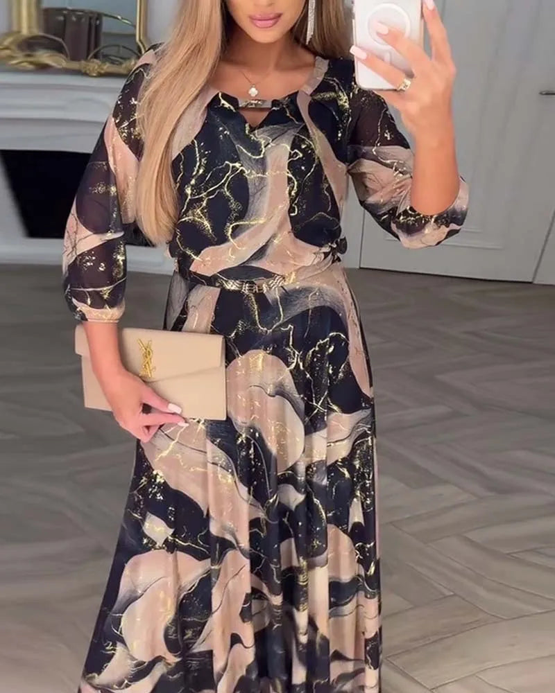 Elegant Cinched Waist Printed Long Dress for Women
