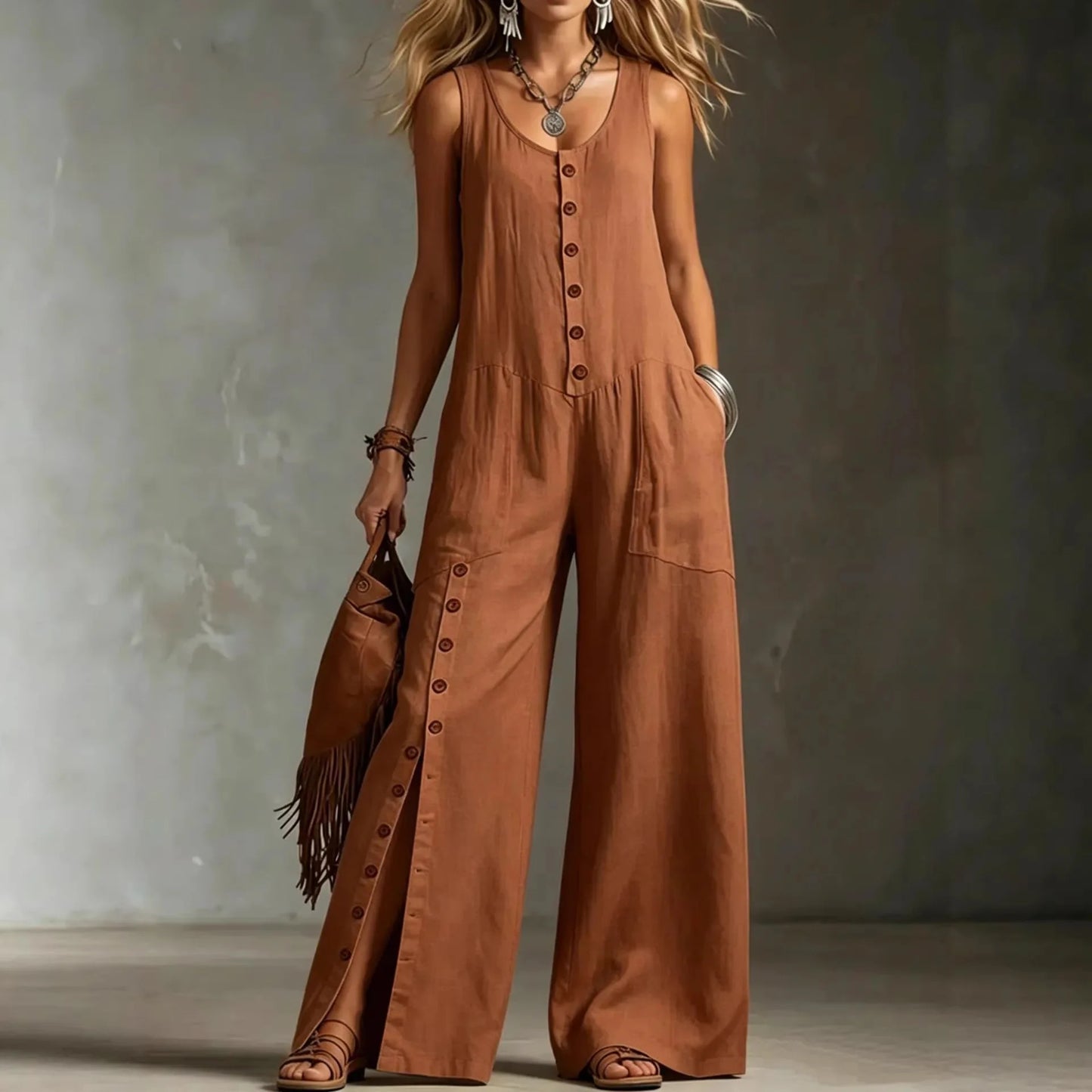 Sleeveless Solid Color Wide Leg Jumpsuit With Front Button Placket for Women